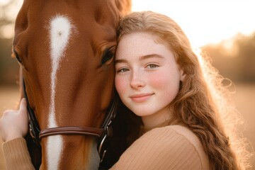 Pastoral Affectionate Equestrian Aesthetic Young Woman in Classic Riding Attire with Horse in Sunlit Meadow - Emotional Storytelling and Lifestyle Content for Luxury Branding