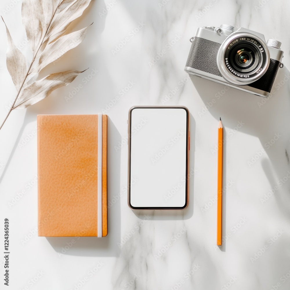 Aufkleber warm minimalist flat lay smartphone, camera and notebook on marble for influencer content creation a