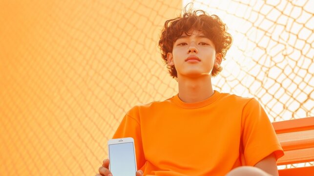 Dynamic Outdoor Fitness South Korean Teen with Smart Ring and Smartphone Insights - Activewear and Digital Wellness for Youth Empowerment and Sports Analytics