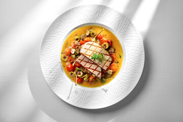A vibrant and refreshing plate of seared tuna steak, served with cherry tomatoes, olives, and a drizzle of lemon-herb sauce
