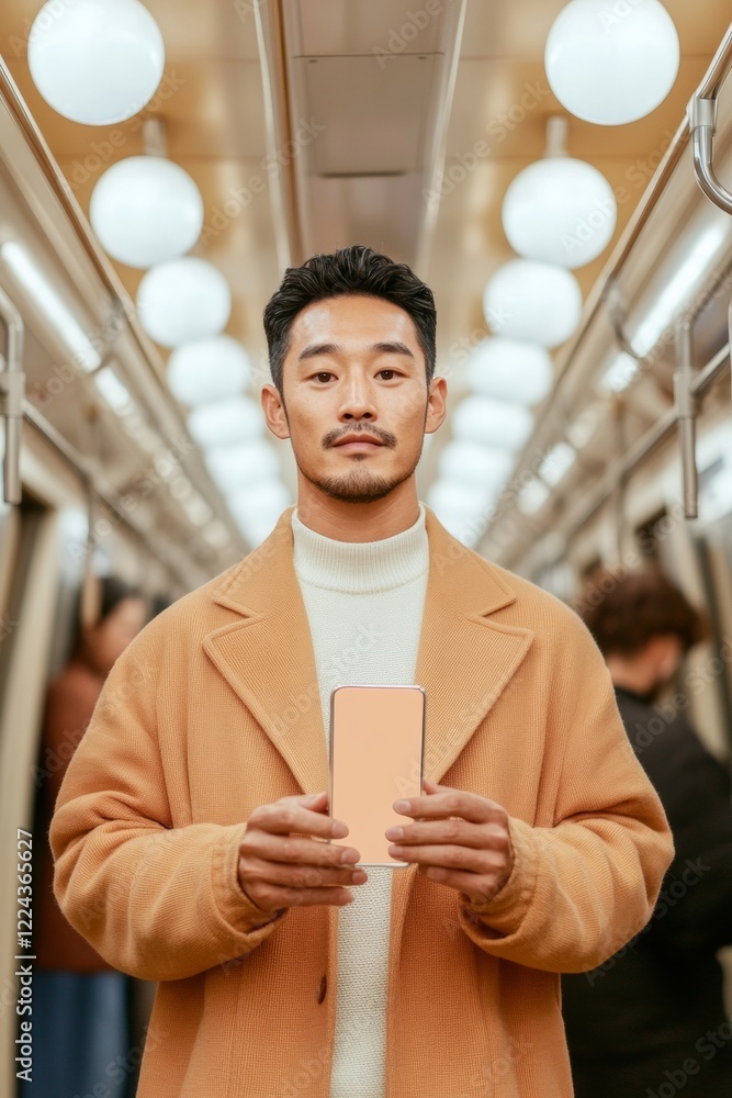 Poster modern urban micro-learning asian man with smartphone in subway - quick digital learning solutions f