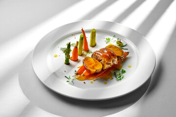 A vibrant and colorful plate of pan-seared duck breast, served with roasted carrots and a drizzle of citrus glaze.