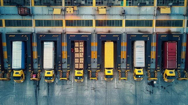 Distribution warehouse featuring trucks with varying capacities for efficient logistics operations