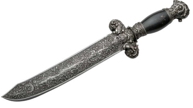 Elegant craftsmanship of an ornate silver dagger resting on a surface, showcasing intricate designs