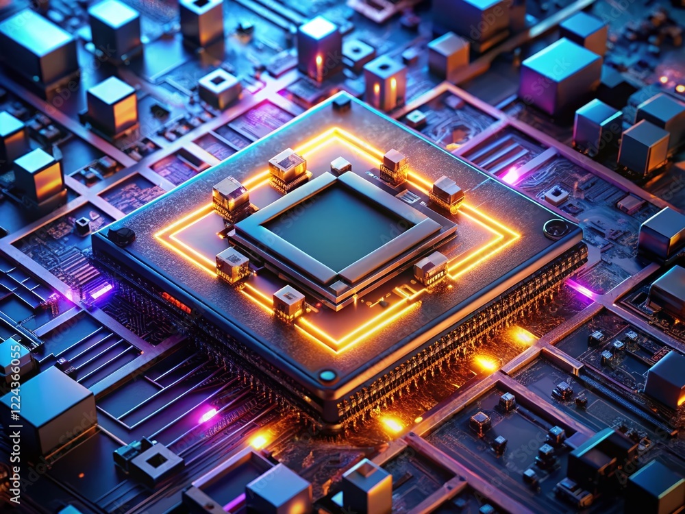Poster aerial view of advanced ai cpu chip in smart device, futuristic technology