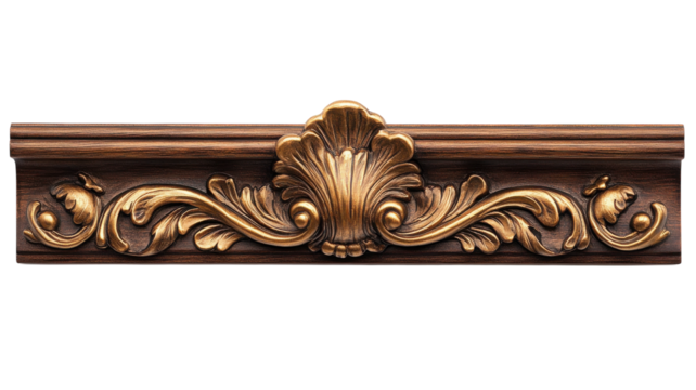 Elegant wooden molding with intricate golden detailing in a classic design