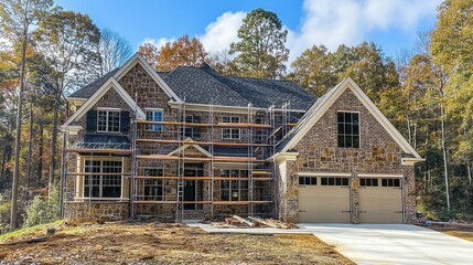 Luxury brick home under construction, surrounded by autumn trees. Showcase new home construction, real estate, or home improvement.