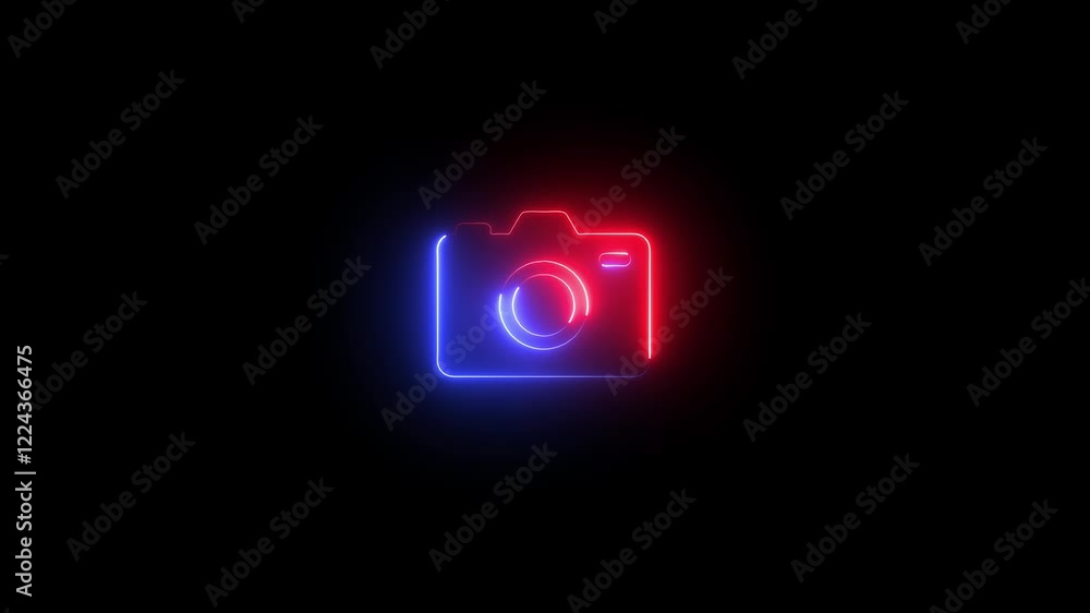 Poster glowing neon symbol of photo camera animation icon animation with black background.neon camera mute 
