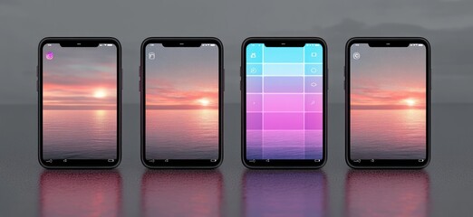 Minimalist Digital Composition of Smartphone Screens Displaying Instagram Layouts in Soft Pastel Colors