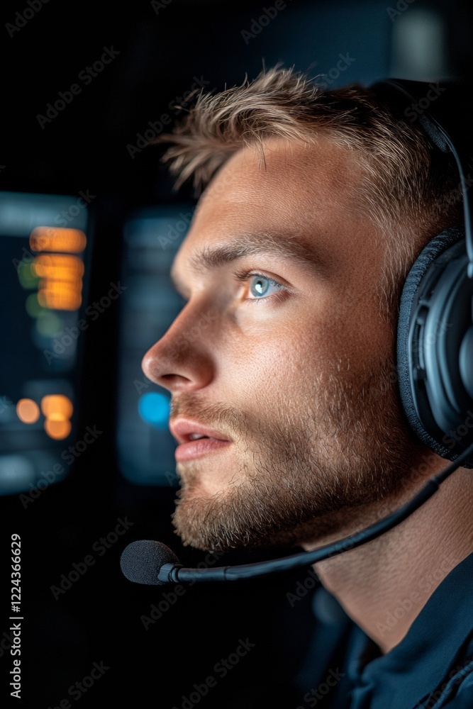 Poster modern tech aesthetic skilled male radio operator with advanced headset and monitors - critical comm