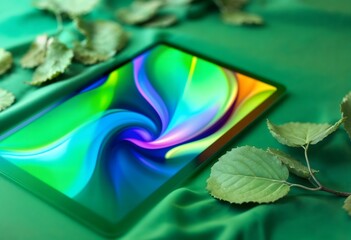 Vibrant Abstract Swirl on Green Tablet Screen: Digital Art, Nature, Technology, Design Concept.  A captivating blend of abstract digital art and natural elements showcases a tablet displaying a colorf