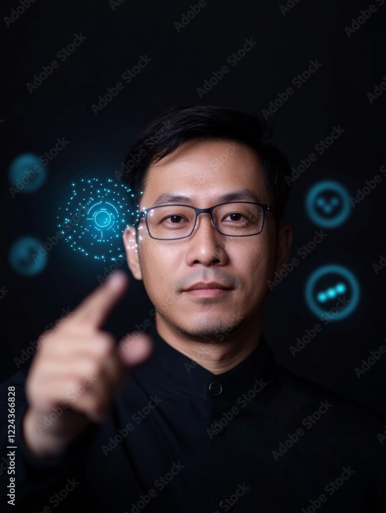 Poster futuristic cryptocurrency analysis indian male with holographic dashboard and blockchain icons - adv