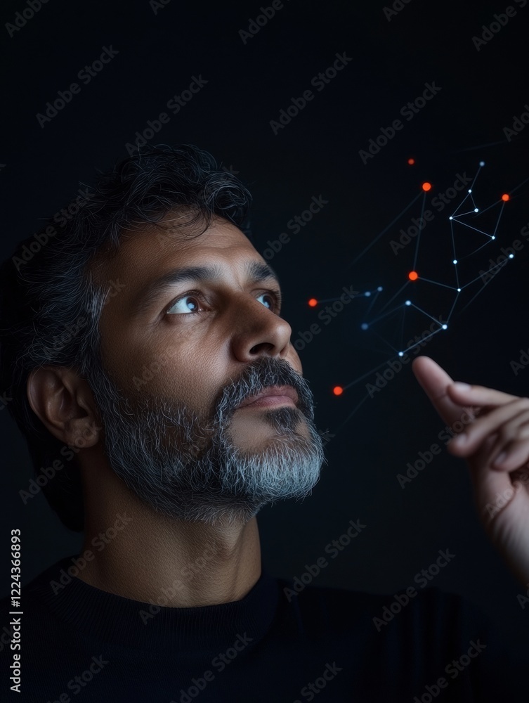 Poster holographic cryptocurrency dashboard indian man, 35, in formal wear navigating blockchain networks -