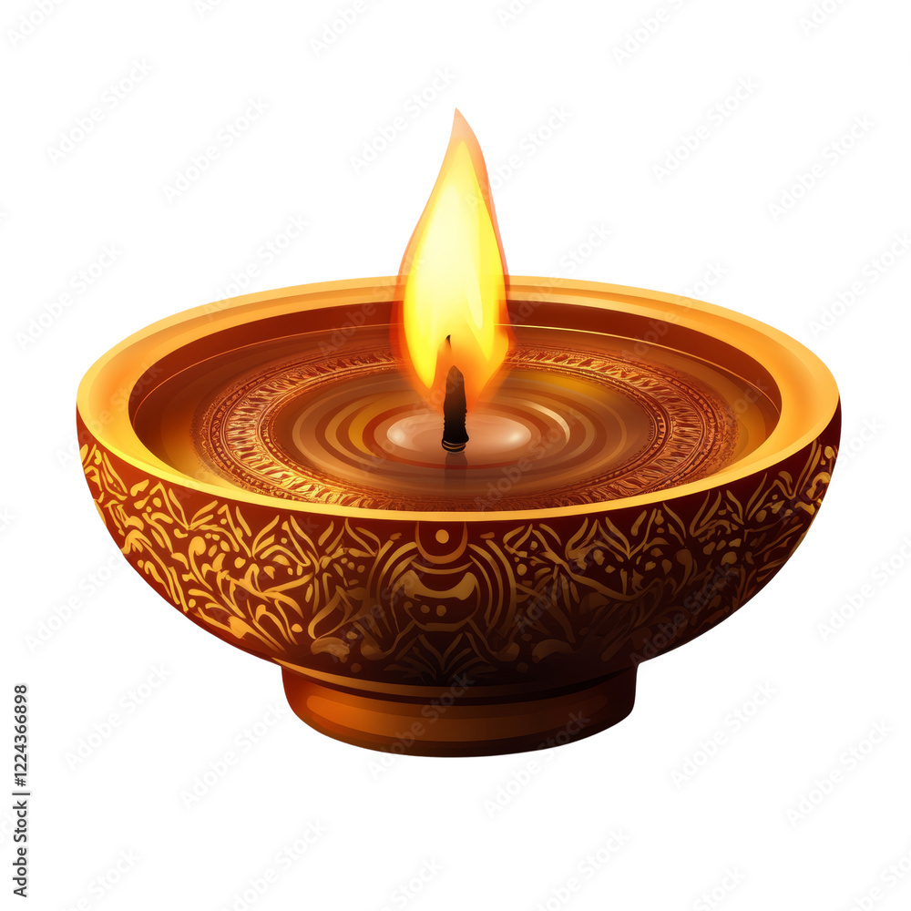 Aufkleber a digitally rendered image depicts an ornate bowl lamp with a lit wick and warm flame. the bowl is d