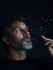 Fototapeta premium Holographic Cryptocurrency Dashboard Indian Man, 35, in Formal Wear Navigating Blockchain Networks - Cutting-Edge Investment Analysis and Secure Digital Asset Strategy for Financial Growth