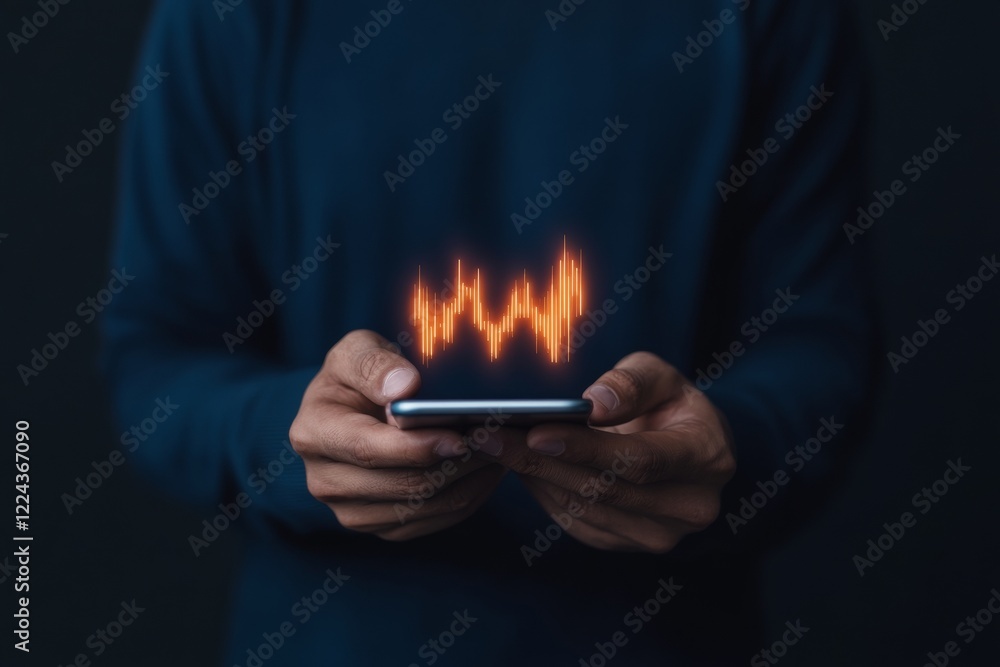 Poster neon blockchain aesthetics slim 28-year-old man with smartphone displays cryptocurrency trading app 