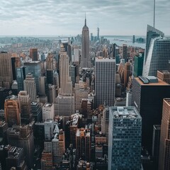 New York city skyscrapers financial downtown and sea panoramic view. Concept of trading and technologies in modern megapolis