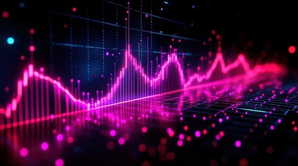 Neon line chart with a digital glitch effect, glowing against a black space