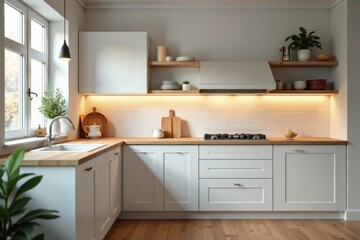 Softly glowing kitchen cabinetry against pale wooden walls, swedish kitchen, soft light, cabinets