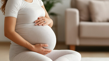 Pregnant woman meditating in studio apartment, breathing positive energy.
