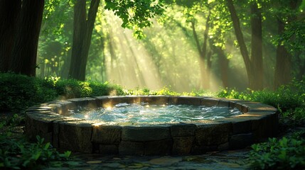 Fototapeta premium Tranquil circular stone hot tub in a sunlit forest clearing