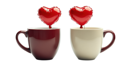 Two coffee cups with heart-shaped balloons celebrating love and connection on a cheerful morning