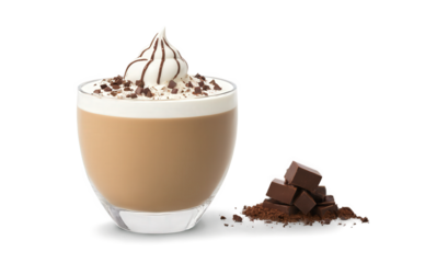 Mocha mousse panna cotta parfait in a glass cup, layered with creamy mocha mousse, chocolate crumbs, and a caramel drizzle.