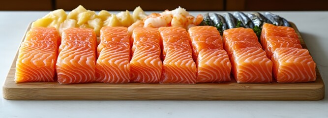 Neatly arranged raw seafood fillets on a clean cutting board in a kitchen setting