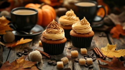 A close-up of pumpkin and cinnamon cupcakes, adorned with creamy frosting on an old wooden table.
