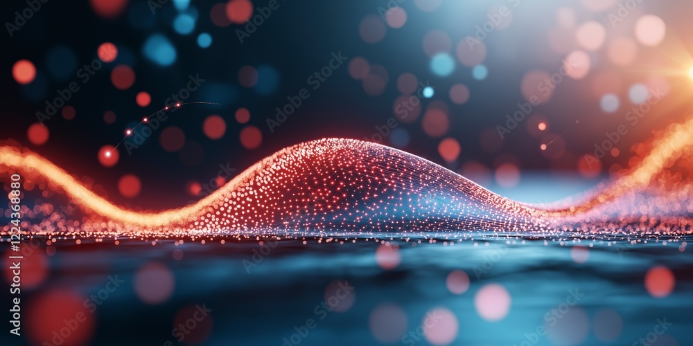 Poster abstract wave of colorful glowing particles creating a mesmerizing visual effect on a dark backgroun