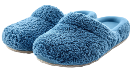 Soft and cozy blue slippers on a white background perfect for relaxing at home