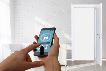 Woman unlocking smartphone application on the screen, closeup. Space for text