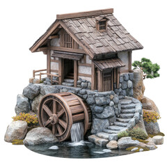 Obraz premium A charming watermill surrounded by nature, showcasing traditional architecture and a serene water feature, perfect for nature and architecture lovers.