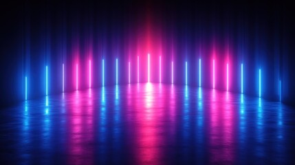 Futuristic Abstract Background with Vertical Neon Lines in Blue and Pink Reflecting on a Mirror-like Floor Cyberpunk Style