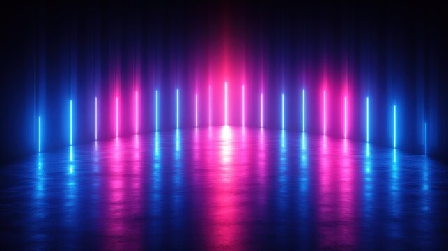 Futuristic Abstract Background with Vertical Neon Lines in Blue and Pink Reflecting on a Mirror-like Floor Cyberpunk Style
