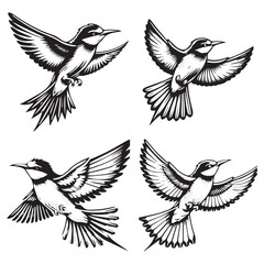 4 set of black High-Quality Vector Silhouette of a Flying European Bee-eater on White Background