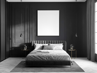 Blank picture frame mockup. Modern simple style bedroom with bed and simple wardrobe in black, white and grey antique colours, classic interior design and mockup. 3D render 300dpi