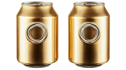 Two shiny, gold beverage cans resting on a reflective surface under soft light at midday