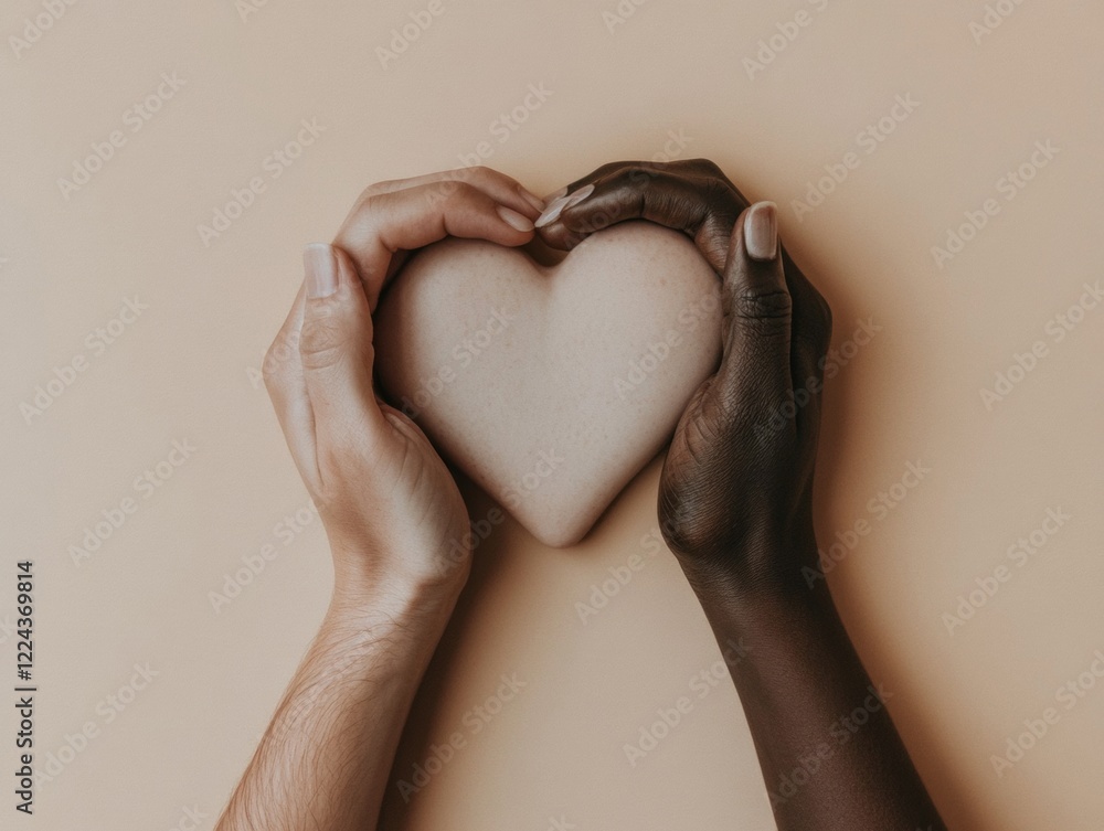 Poster modern diversity visual multi-ethnic hands forming heart against warm minimalist background - inclus