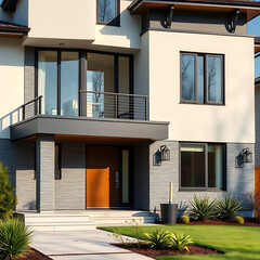 Fototapeta premium Modern House Exterior: Contemporary Home Design with Stone Facade and Balcony