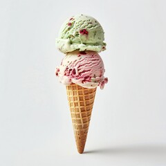 Double scoop ice cream cone with fruit bits on white background