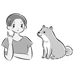 おすわり（待て）をする犬と飼い主のイラスト