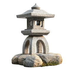 An elegant stone lantern rests on a pile of rocks, showcasing intricate design and cultural significance, perfect for serene garden landscapes.