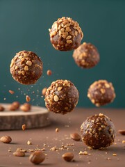 Delicious chocolate energy balls coated with crunchy peanuts are captured mid-air. A creative food photography concept emphasizing texture, flavor, and movement.