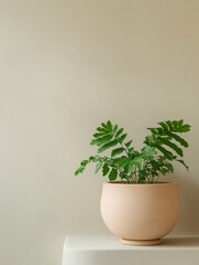 Fototapeta premium Minimalist Urban Jungle Chic Ceramic Planter with Lush Fern in Modern Apartment - Sustainable Biophilic Design for Eco-Conscious Home Interior and Green Living Promotion