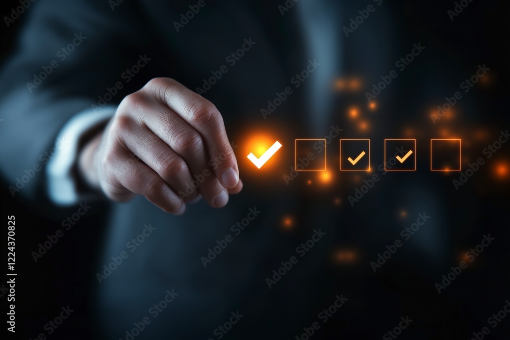 Poster hand of a businessman selecting checklist item with orange checkmark against dark background in mode