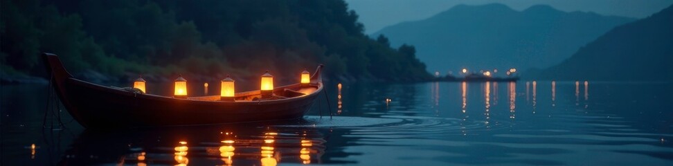 Fototapeta premium Softly glowing lanterns on a small wooden boat, calm, peaceful, evening