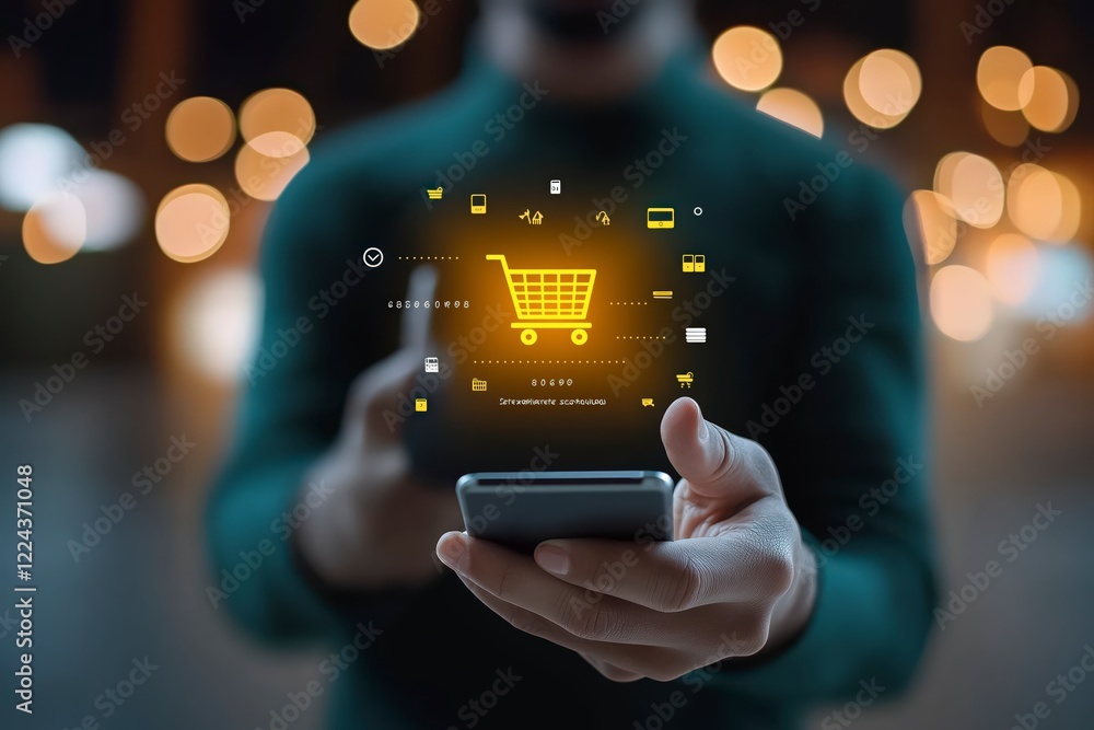 Poster person utilizing smartphone while shopping online with illuminated shopping cart icon and blurred ba
