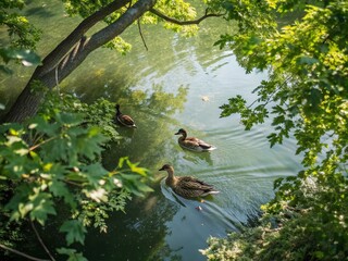 Fototapeta premium Aerial View of Ducks Hidden Under Tree Shade - Peaceful Wildlife Scene