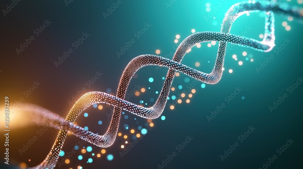 Poster abstract artistic representation of dna helix with vibrant colors and glowing dots in a modern digit